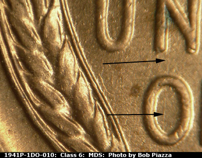 Die-stage B marker on 1941P•1DO•010 (1941 Doubled Die Obverse).