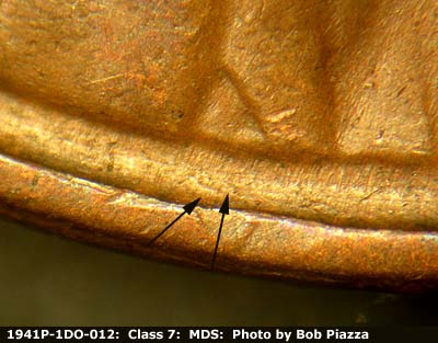 Die-stage B marker on 1941P•1DO•012 (1941 Doubled Die Obverse).