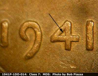 Die-stage B marker on 1941P•1DO•014 (1941 Doubled Die Obverse).