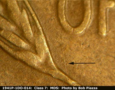 Die-stage B marker on 1941P•1DO•014 (1941 Doubled Die Obverse).