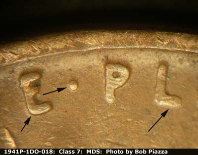 Die-stage B marker on 1941P•1DO•018 (1941 Doubled Die Obverse).