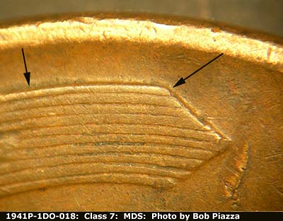 Die-stage B marker on 1941P•1DO•018 (1941 Doubled Die Obverse).