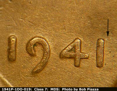 Die-stage B marker on 1941P•1DO•019 (1941 Doubled Die Obverse).