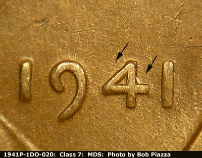 Die-stage B marker on 1941P•1DO•020 (1941 Doubled Die Obverse).