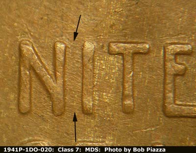 Die-stage B marker on 1941P•1DO•020 (1941 Doubled Die Obverse).