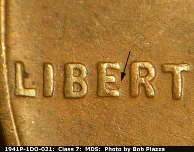 Die-stage B marker on 1941P•1DO•021 (1941 Doubled Die Obverse).