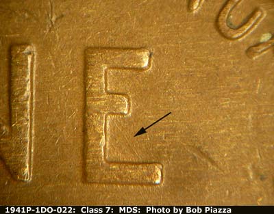 Die-stage B marker on 1941P•1DO•022 (1941 Doubled Die Obverse).