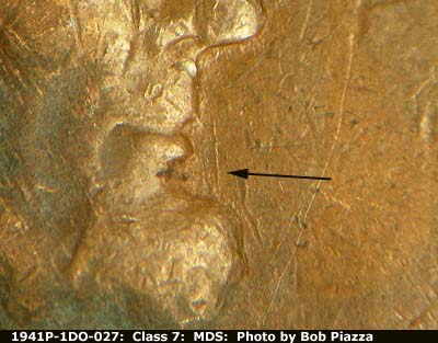 Die-stage B marker on 1941P•1DO•027 (1941 Doubled Die Obverse).