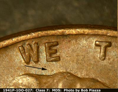 Die-stage B marker on 1941P•1DO•027 (1941 Doubled Die Obverse).
