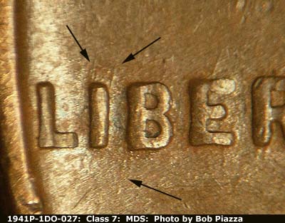 Die-stage B marker on 1941P•1DO•027 (1941 Doubled Die Obverse).