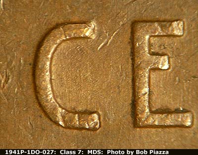 Die-stage B marker on 1941P•1DO•027 (1941 Doubled Die Obverse).