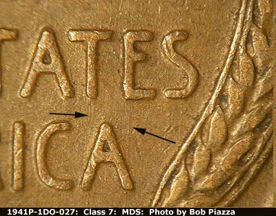 Die-stage B marker on 1941P•1DO•027 (1941 Doubled Die Obverse).
