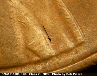 Die-stage B marker on 1941P•1DO•028 (1941 Doubled Die Obverse).