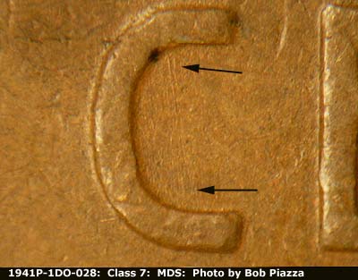 Die-stage B marker on 1941P•1DO•028 (1941 Doubled Die Obverse).
