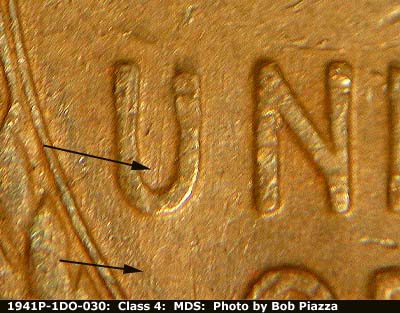 Die-stage B marker on 1941P•1DO•030 (1941 Doubled Die Obverse).