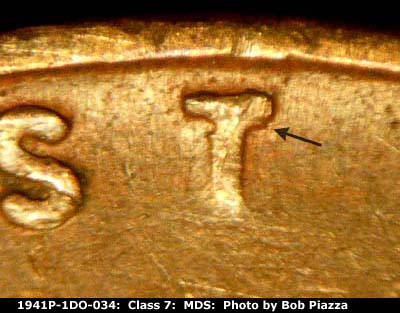 Die-stage B marker on 1941P•1DO•034 (1941 Doubled Die Obverse).