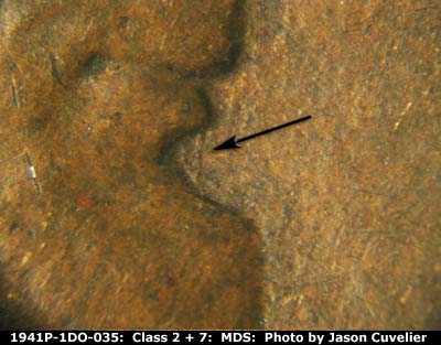 Die-stage B marker on 1941P•1DO•035 (1941 Doubled Die Obverse).