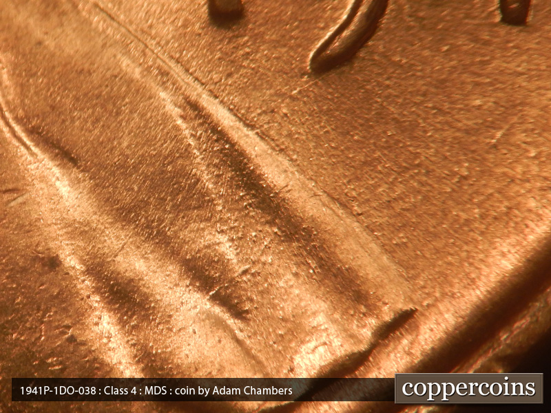 Die-stage B marker on 1941P•1DO•038 (1941 Doubled Die Obverse).