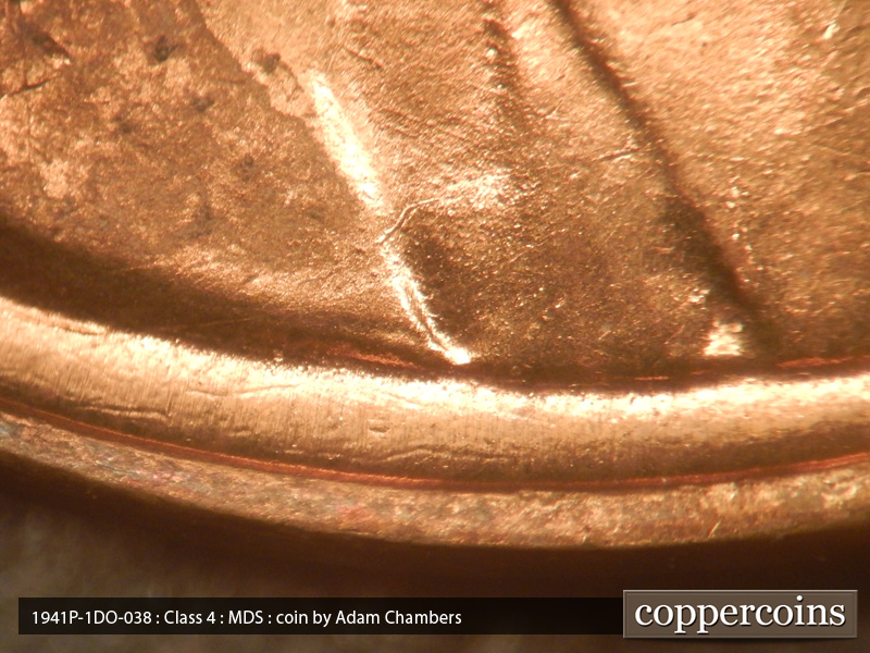 Die-stage B marker on 1941P•1DO•038 (1941 Doubled Die Obverse).