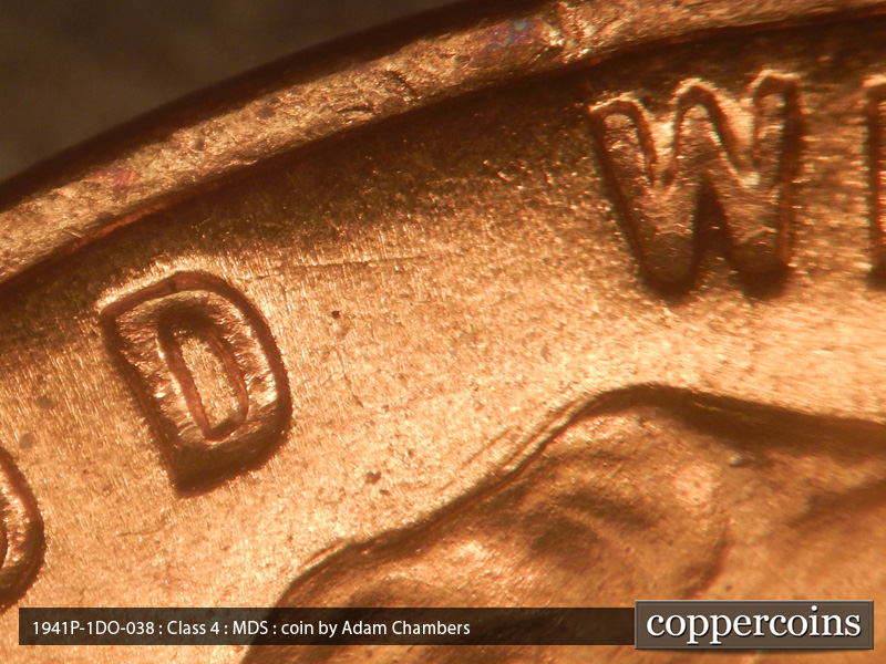 Die-stage B marker on 1941P•1DO•038 (1941 Doubled Die Obverse).
