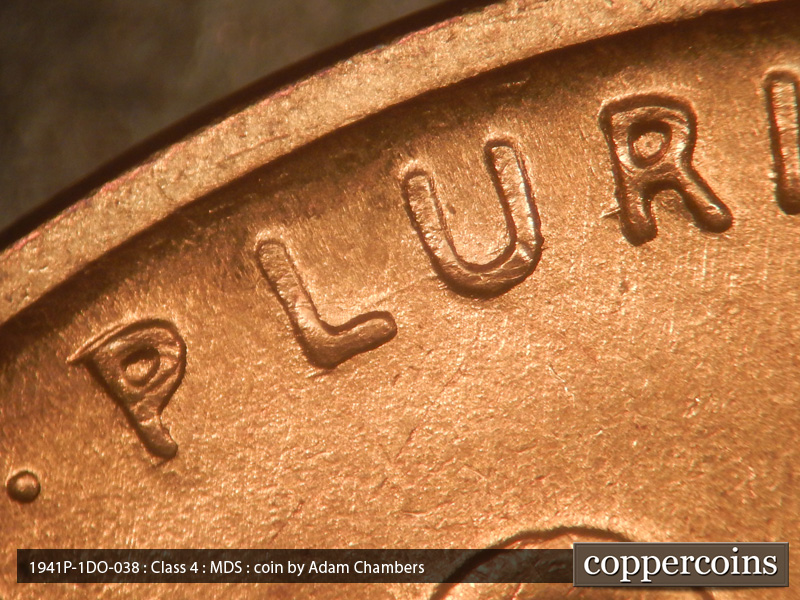 Die-stage B marker on 1941P•1DO•038 (1941 Doubled Die Obverse).