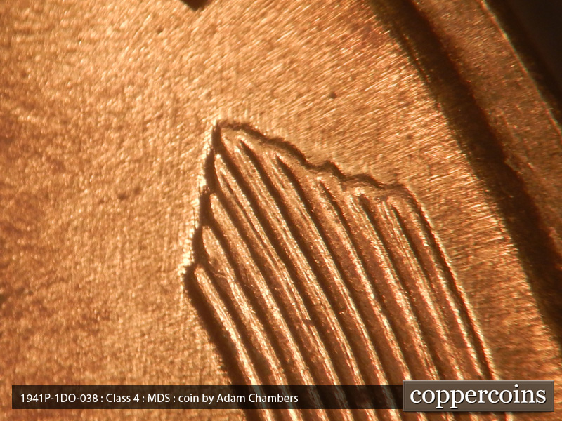 Die-stage B marker on 1941P•1DO•038 (1941 Doubled Die Obverse).
