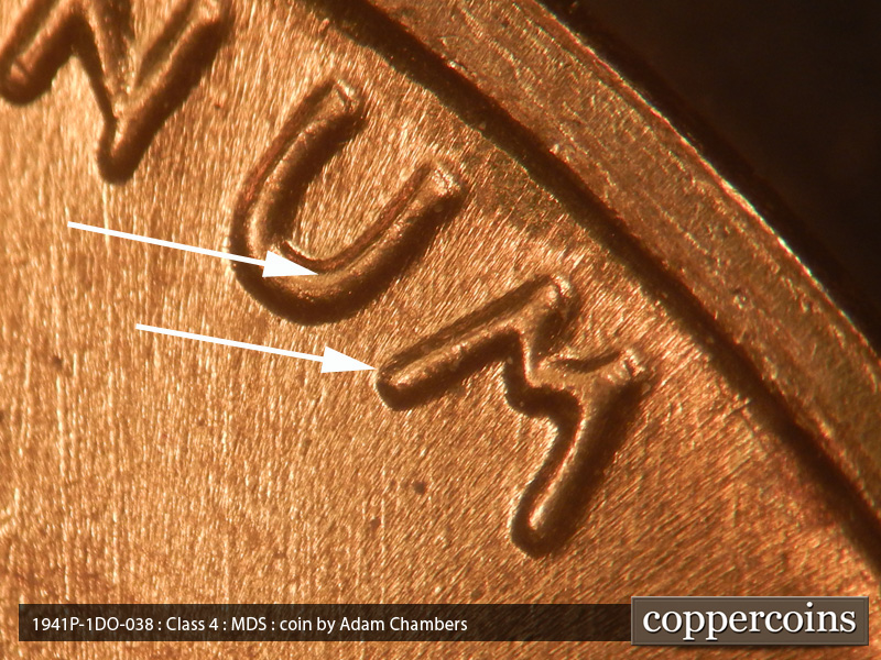 Die-stage B marker on 1941P•1DO•038 (1941 Doubled Die Obverse).