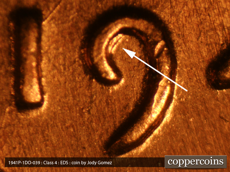 Die-stage A marker on 1941P•1DO•039 (1941 Doubled Die Obverse).
