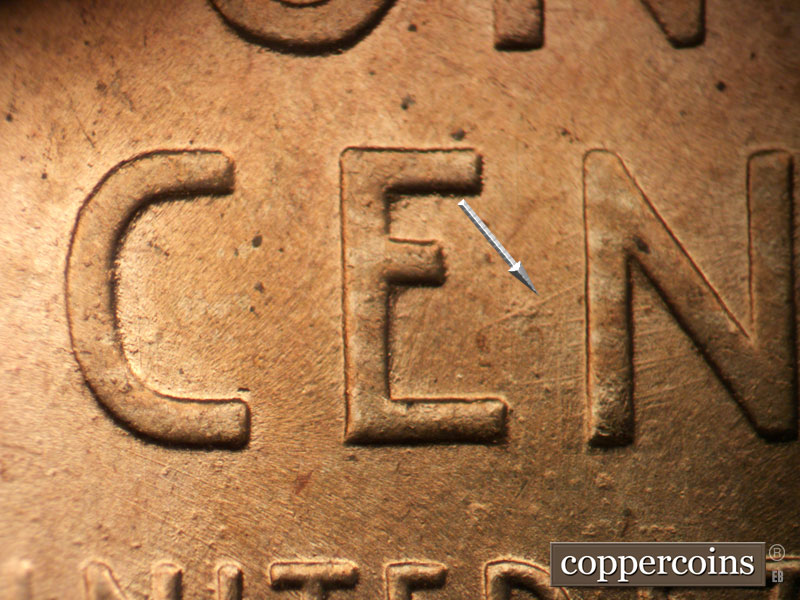 Die-stage B marker on 1941P•1DO•042 (1941 Doubled Die Obverse).