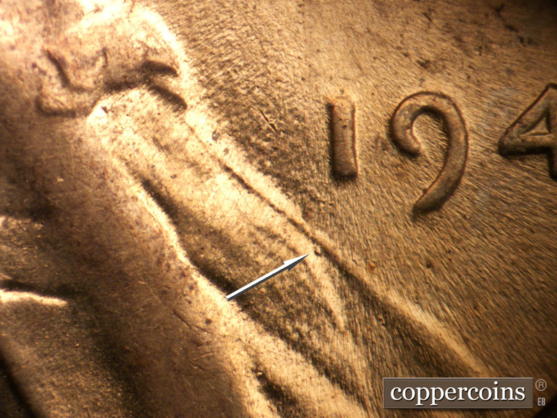 Die-stage B marker on 1941P•1DO•044 (1941 Doubled Die Obverse).