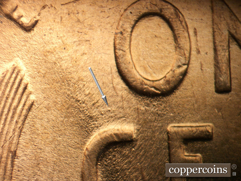 Die-stage B marker on 1941P•1DO•044 (1941 Doubled Die Obverse).