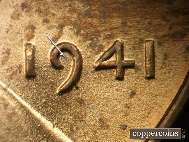 Die-stage B marker on 1941P•1DO•046 (1941 Doubled Die Obverse).