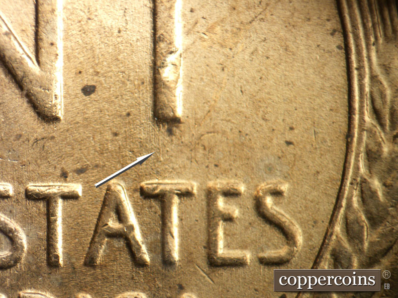 Die-stage B marker on 1941P•1DO•047 (1941 Doubled Die Obverse).