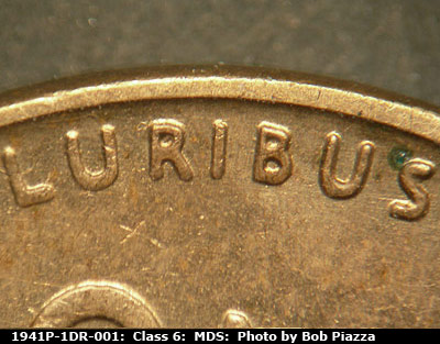 Die-stage B marker on 1941P•1DR•001 (1941 Doubled Die Reverse).