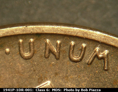 Die-stage B marker on 1941P•1DR•001 (1941 Doubled Die Reverse).