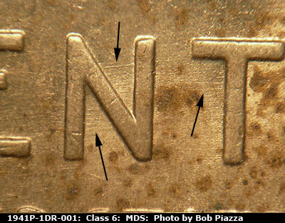 Die-stage B marker on 1941P•1DR•001 (1941 Doubled Die Reverse).