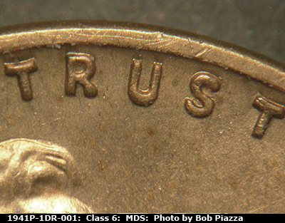 Die-stage B marker on 1941P•1DR•001 (1941 Doubled Die Reverse).