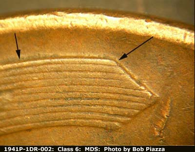 Die-stage B marker on 1941P•1DR•002 (1941 Doubled Die Reverse).