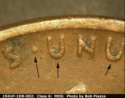 Die-stage B marker on 1941P•1DR•002 (1941 Doubled Die Reverse).