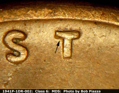Die-stage B marker on 1941P•1DR•002 (1941 Doubled Die Reverse).