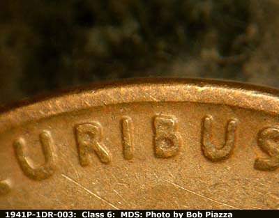 Die-stage B marker on 1941P•1DR•003 (1941 Doubled Die Reverse).