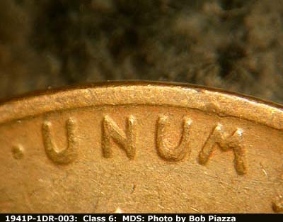 Die-stage B marker on 1941P•1DR•003 (1941 Doubled Die Reverse).