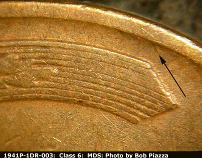 Die-stage B marker on 1941P•1DR•003 (1941 Doubled Die Reverse).
