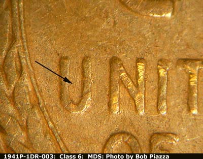 Die-stage B marker on 1941P•1DR•003 (1941 Doubled Die Reverse).