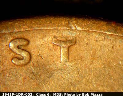 Die-stage B marker on 1941P•1DR•003 (1941 Doubled Die Reverse).