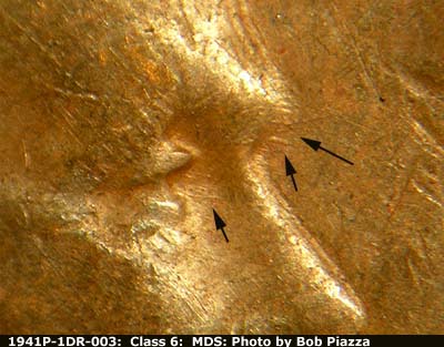 Die-stage B marker on 1941P•1DR•003 (1941 Doubled Die Reverse).