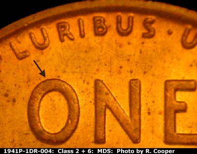 Die-stage B marker on 1941P•1DR•004 (1941 Doubled Die Reverse).