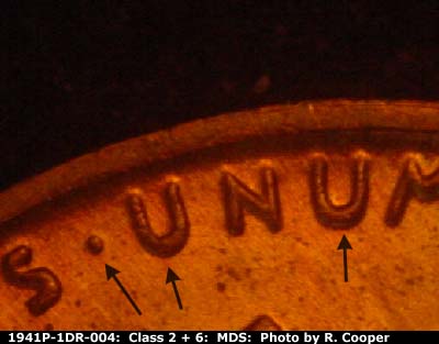 Die-stage B marker on 1941P•1DR•004 (1941 Doubled Die Reverse).