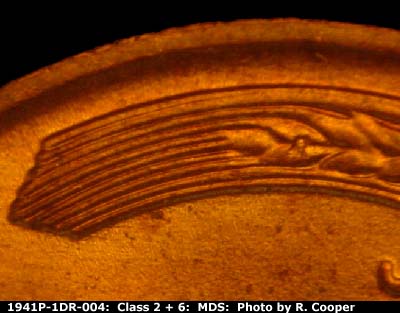 Die-stage B marker on 1941P•1DR•004 (1941 Doubled Die Reverse).
