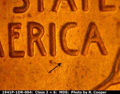 Die-stage B marker on 1941P•1DR•004 (1941 Doubled Die Reverse).